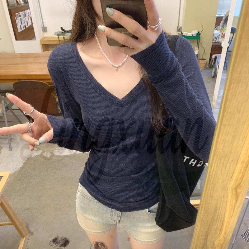 Korean Chic V-Neck Long-Sleeve Slim Fit T-Shirt for Women - 2026 New Style Medium темно-синий