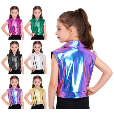 Unisex Kurtka Metaliczna na Zamek dla Dzieci Chłopców Dziewcząt Kamizelka z Kołnierzem Lapel Bez Rękawów Odzież Wierzchnia na Imprezę Taneczną Hip Hop Występ na Scenie