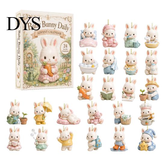 Fun Travel Companions Christmas Bunny Advent Calendar with 24 Acrylic 2D Rabbit Ornaments for Kids, Holiday Countdown Decorations Xmas Tree