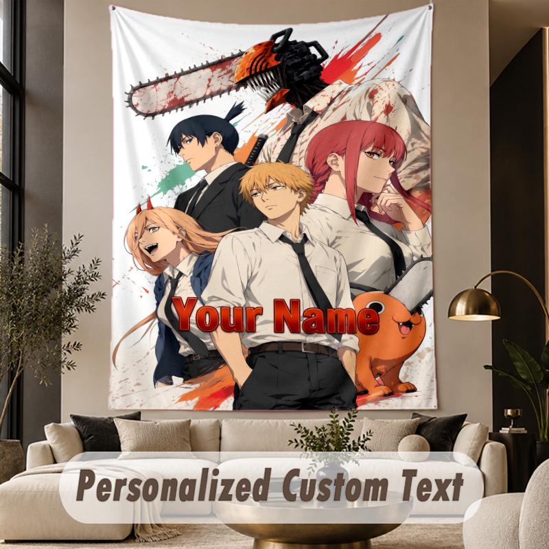 Custom Text Printed Tapestry Chainsaw Man Pattern Large Wall Hanging Indoor Room Decor