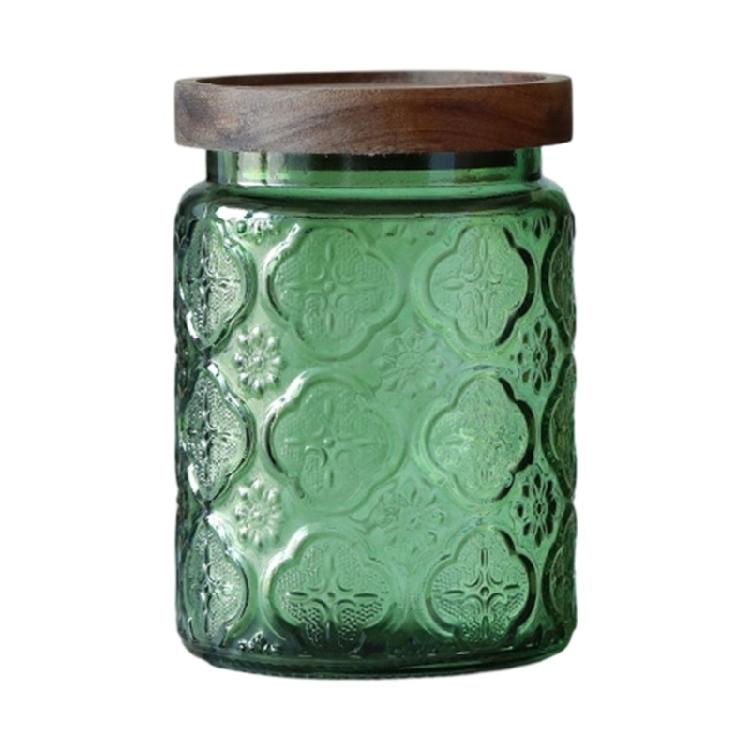 Retro Stijlen Glazen Snoeppot Canister SStorage Container Embossed Luchtdicht Houten Deksel Voor Huisdecoratie