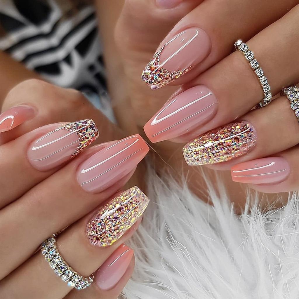24 Stück Rosa Französische Spitze Kurze Quadratische Falsche Nägel Mit Kleber Glitzer Acryl Vollabdeckung Künstliche Nagelspitzen