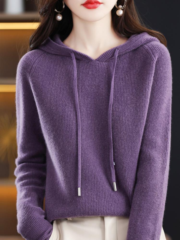 Women's Lace-up Knit Hoodie: Spring/Autumn Long Sleeve Loose Pullover Sweatshirt