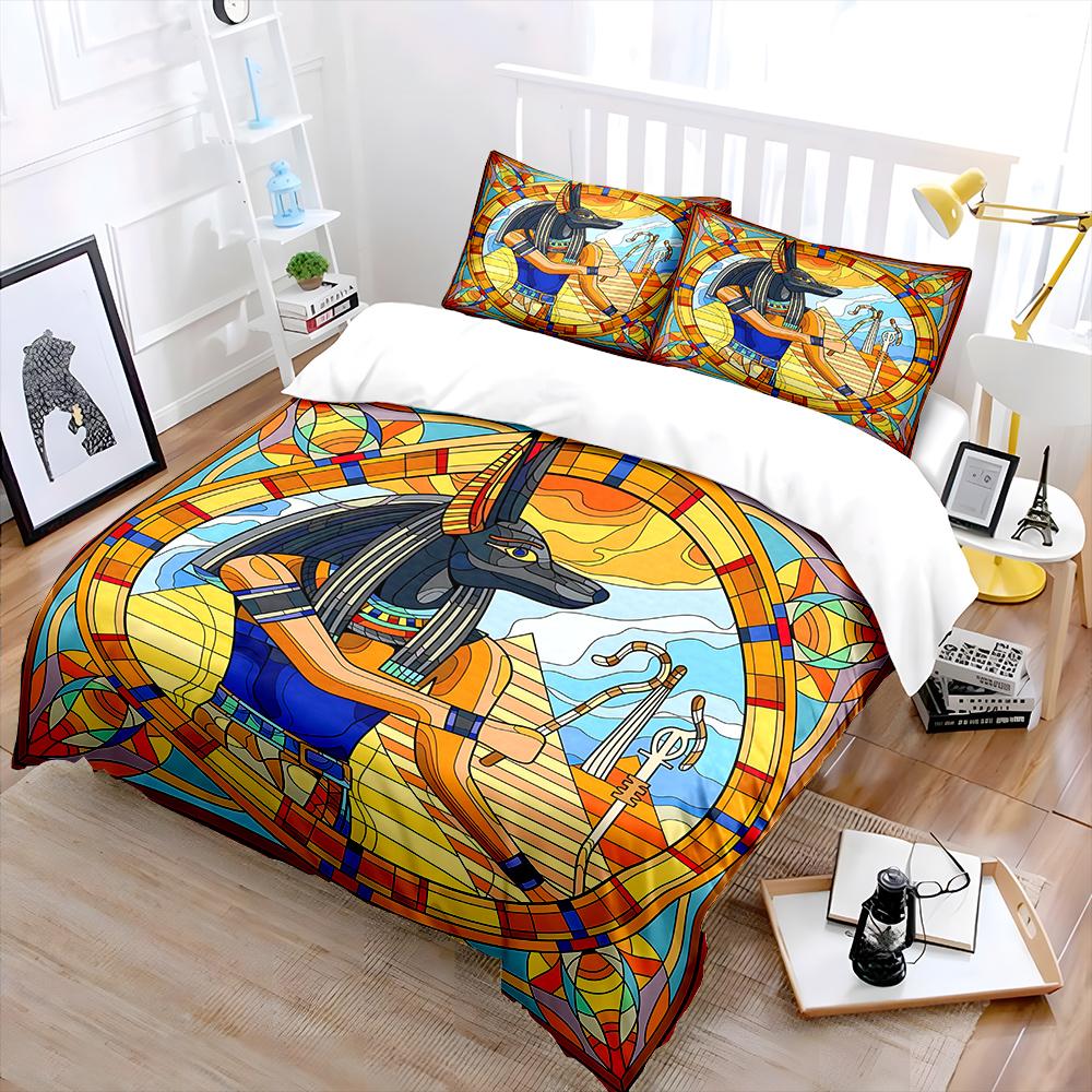 Colorful Egyptian Mythology Stained Glass Print Soft Comfortable Duvet Cover Bedding Set Included 1*Duvet Cover 2*Pillowcases