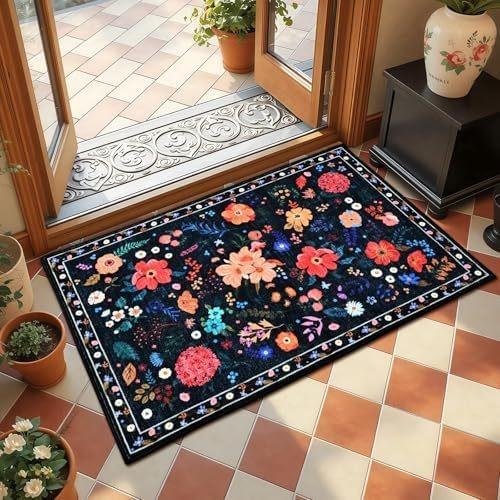Tappeto Floreale Rosa Fiori Stampati Lavabile Piccoli Tappeti con Supporto per Decorazione Camera da Letto Bambina Area Giochi Bambini Tappetino Antiscivolo
