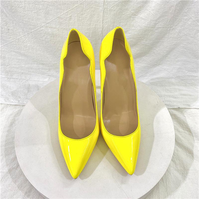 Elegant Glossy Black Curl Cut Women Pointy Toe 12cm High Heel Shoes Sexy V Cut Lady Party Wedding Stiletto Pumps Size 45