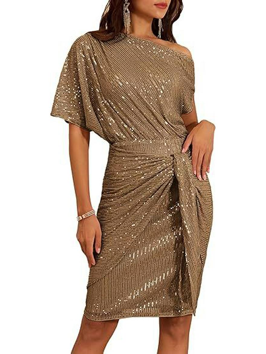 

Жіноча вечірня сукня з блискітками та рюшами на одне плече XL коричневий