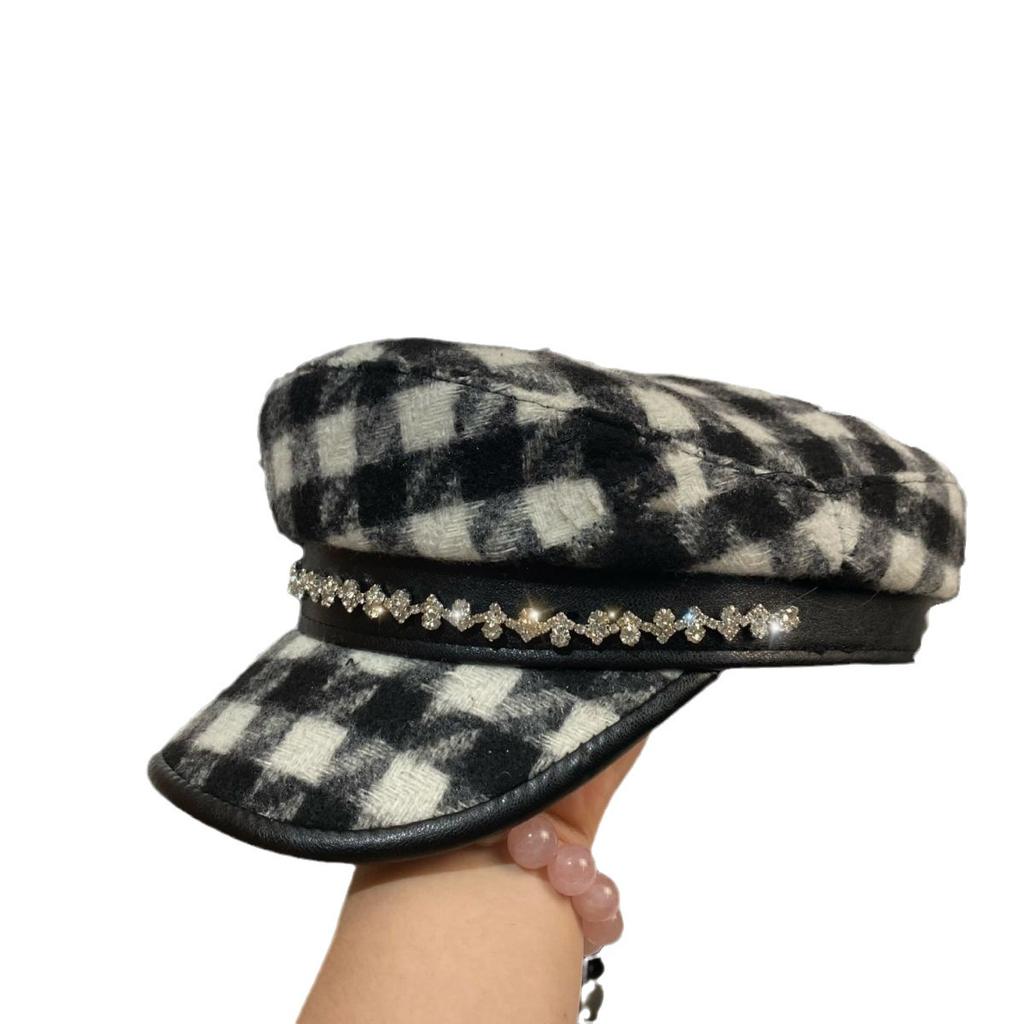 Autumn and Winter Light Luxury Celebrity Wind Rhinestone Navy Hat, European and American Small Fragrant Style Plaid Newsboy Hat Fashionable and Sweet