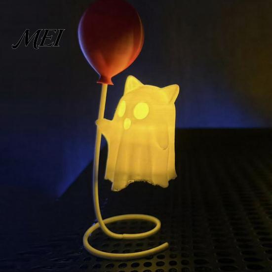 Warm Light Ghost Decor Cute Figurine with Balloon, LED Night Light, Bedside Halloween Decoration for Bedroom Desk Table Centerpiece Cozy Ornament Gift