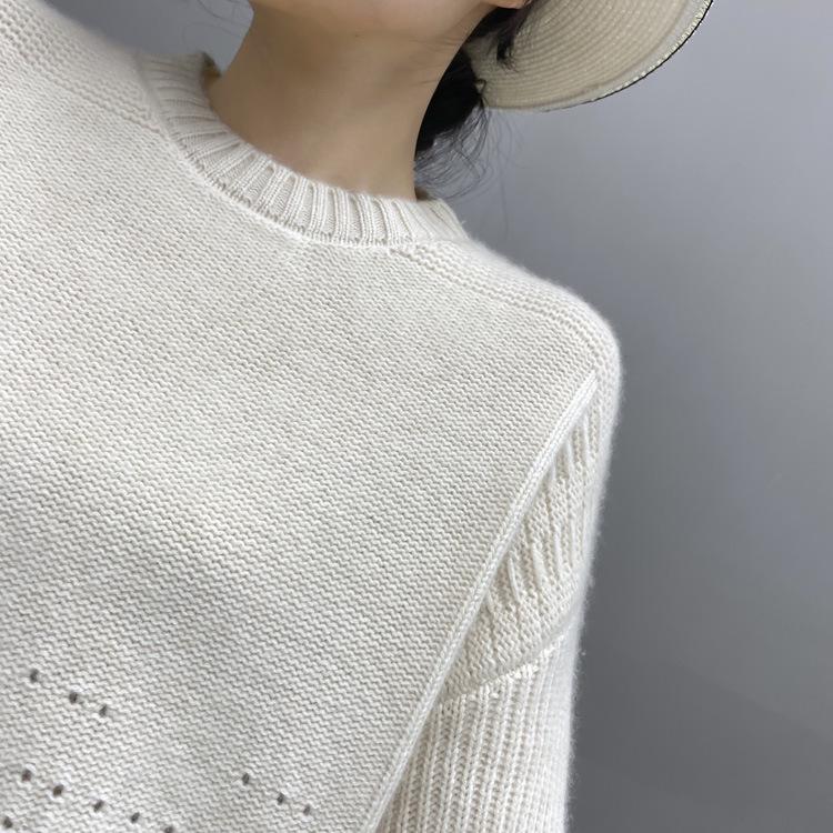 Women's Cashmere Round Neck Hollow Knit Sweater - Long Sleeve Loose Fit for Autumn & Winter