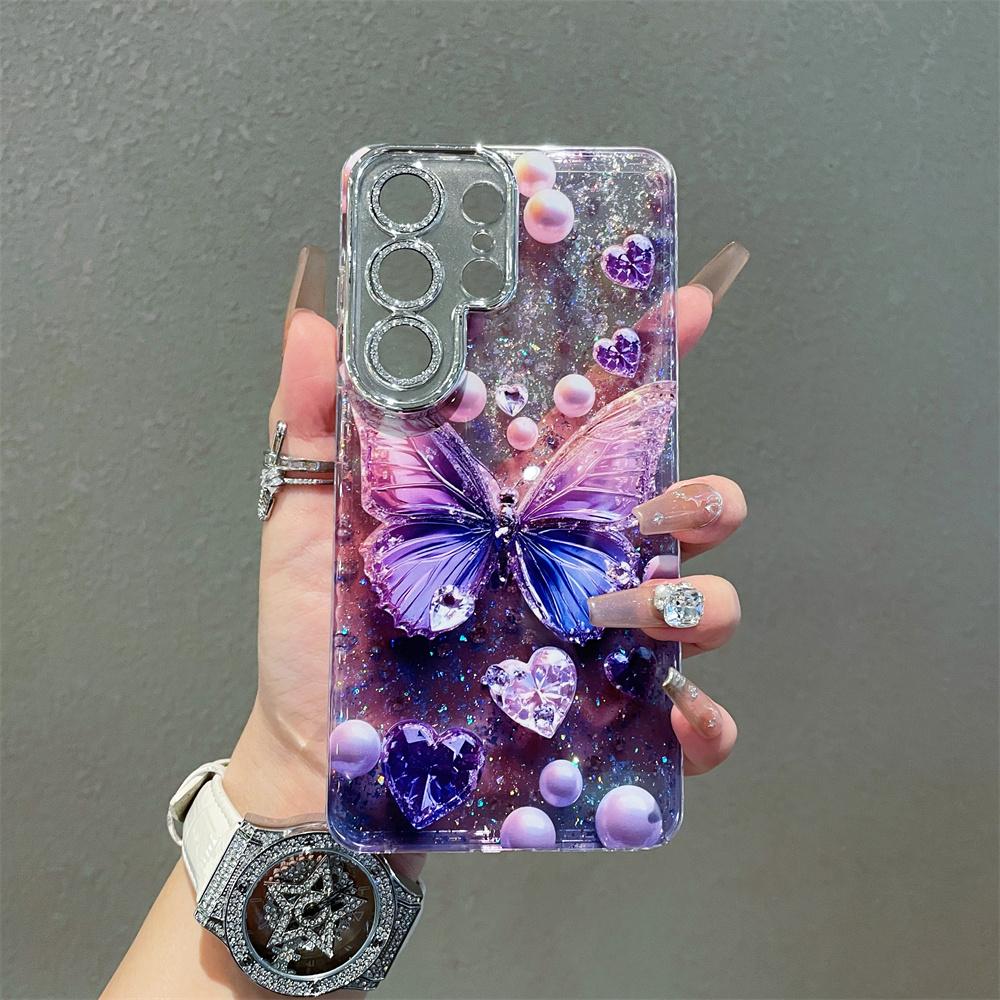 Luxury Elegant Glitter Clear Butterfly Printed Phone Case for Samsung Galaxy S26 Ultra S25 S24 S23 Diamond Full Camera Protect