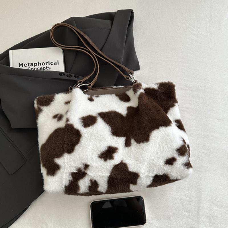 Large Capacity Shopper Bags For Women Winter Travel Tote Bag Cow Printing Plush Shoulder Bag Ladies Designer Handbag