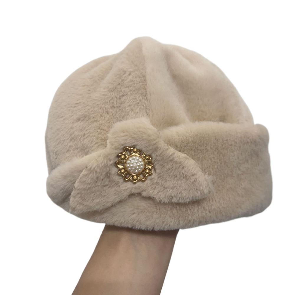 Thickened Bucket Hats Pearl Flower Decor Thermal Hat Solid Color Women Winter Hat  Autumn Winter