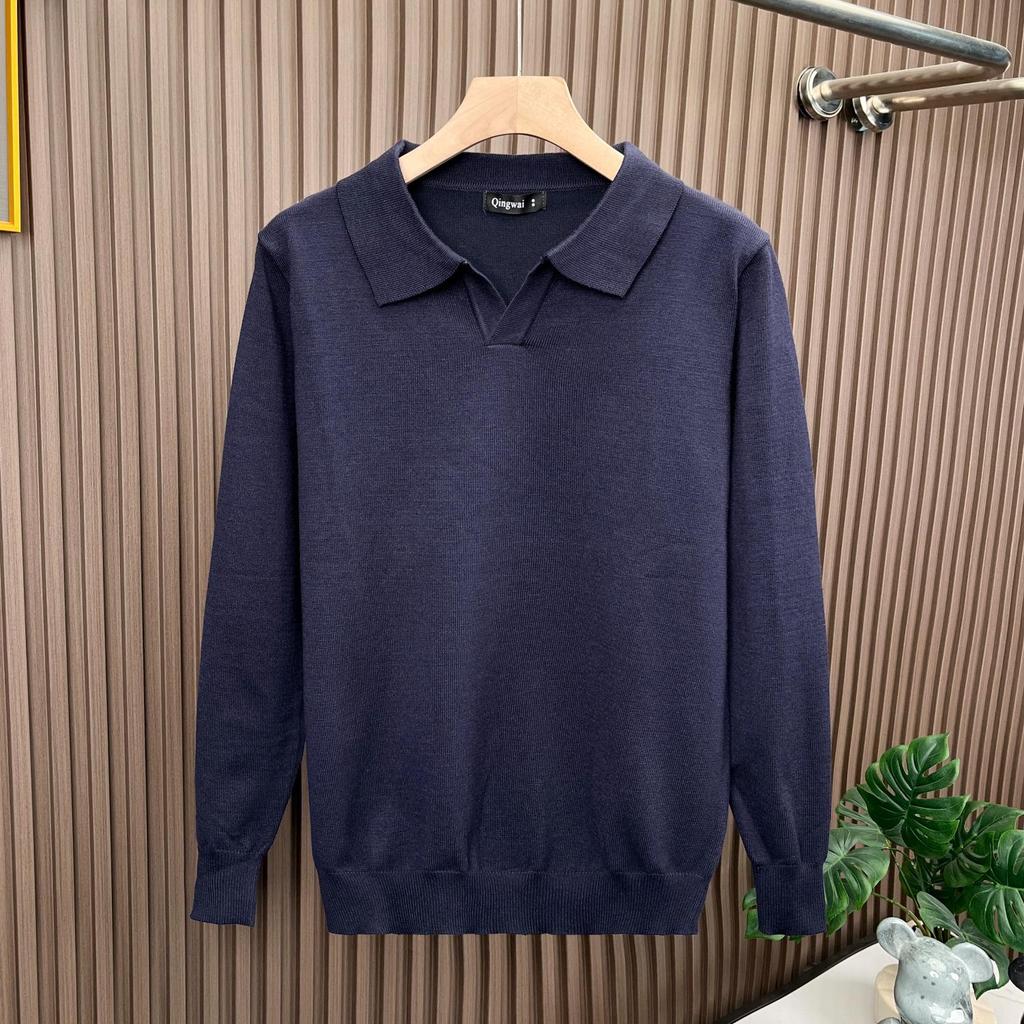 Men's Fine Knit Lapel Polo Sweater: Cozy, Skin-Friendly, Long Sleeve, Trendy, Loose Fit, High-End Feel.