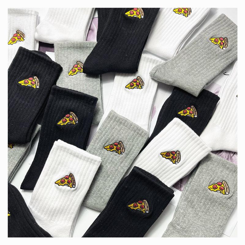 Japanese Version Of Trendy Brand Cartoon Pizza Burger Embroidered Socks Retro Outer Wear Sports Mid-Tube Cotton Socks