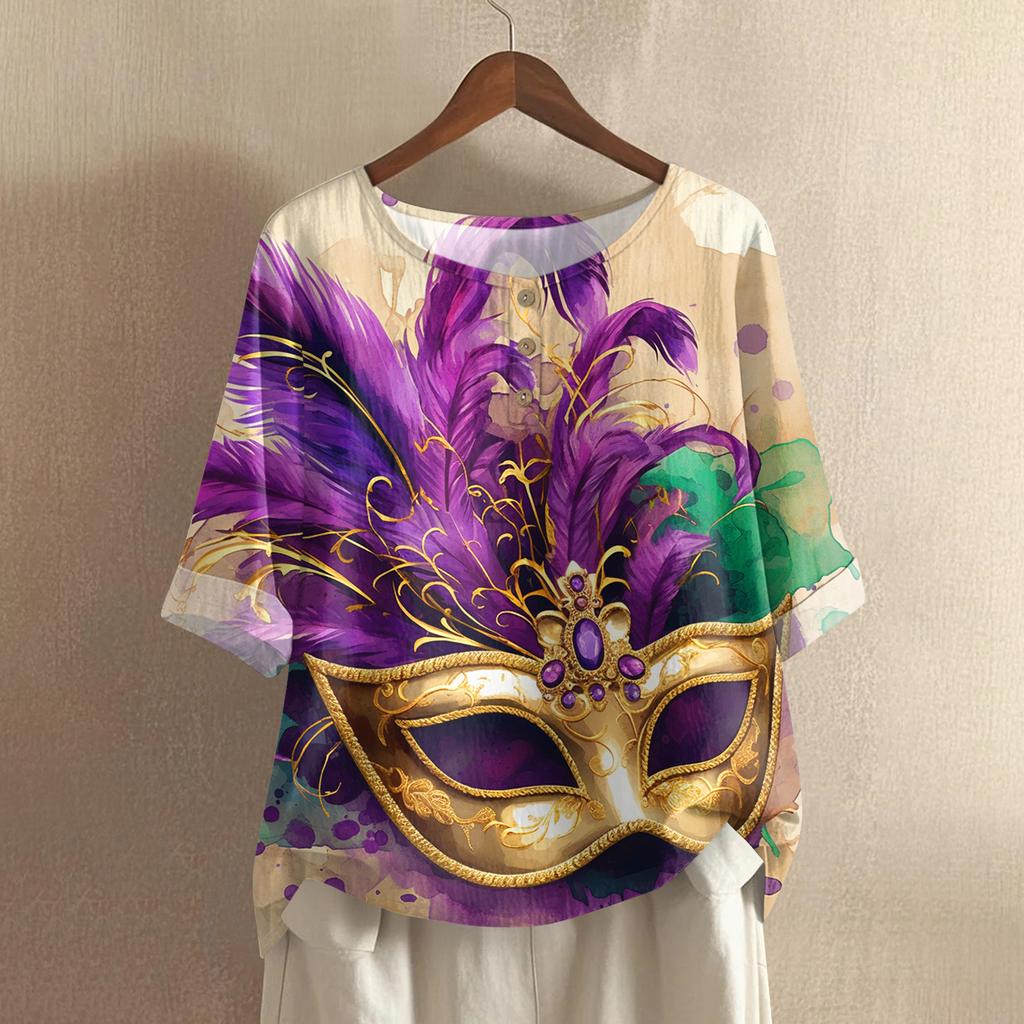 Damska casualowa i wygodna bawełniano-lniana bluzka z okrągłym dekoltem, średniej długości, z modnym nadrukiem