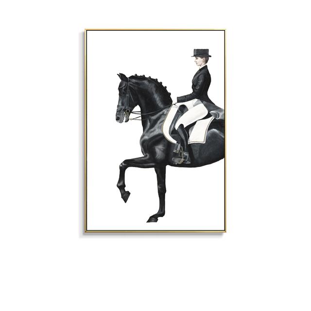 Classic Modern Black Horse Orange Horse Racing Canvas Painting Wall Art Riding Woman Wall Pictures for Living Room Home Decor
