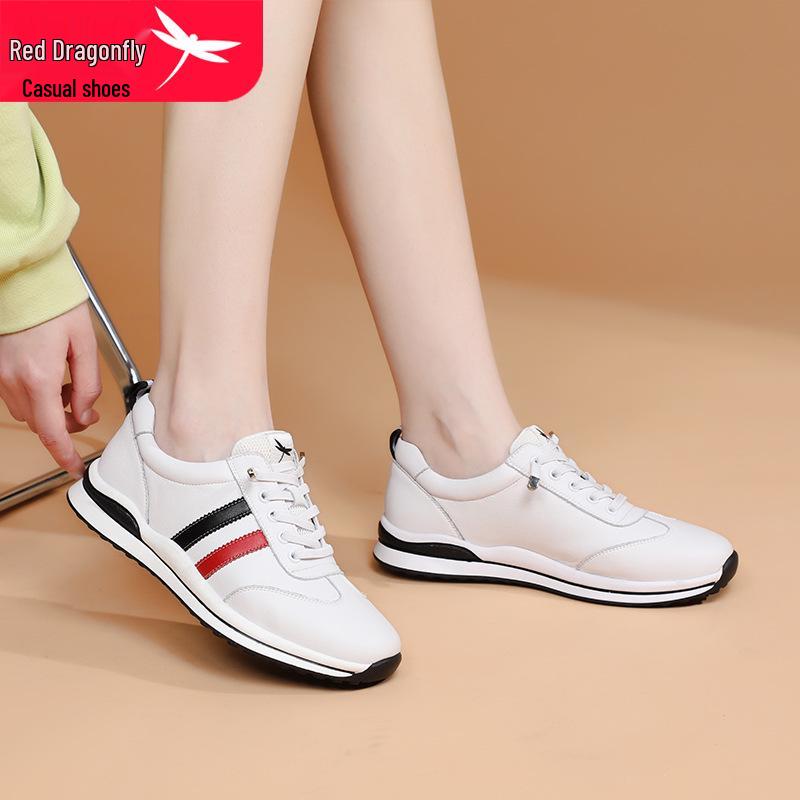 Red Dragonfly Women's Spring Sports Shoes - Soft Sole, Casual, White, Genuine Leather, Waterproof, Plus Velvet