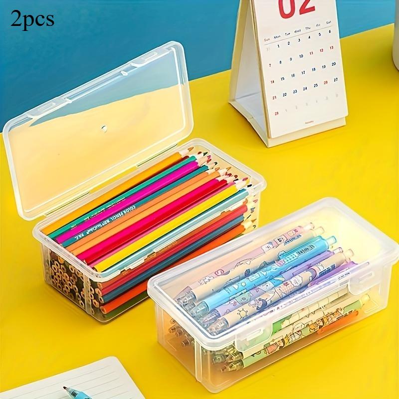 

2pcs Large Transparent Storage Box with Hinged Lid Desk Storage Pen Pencil Marker Crafts School Office Desk Organizer Pen Holder