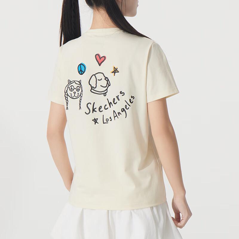Skechers Fashion Sports Series Comfortable Breathable Casual Short Sleeve T-Shirt Women Tops Cream Beige P225W304-00NA