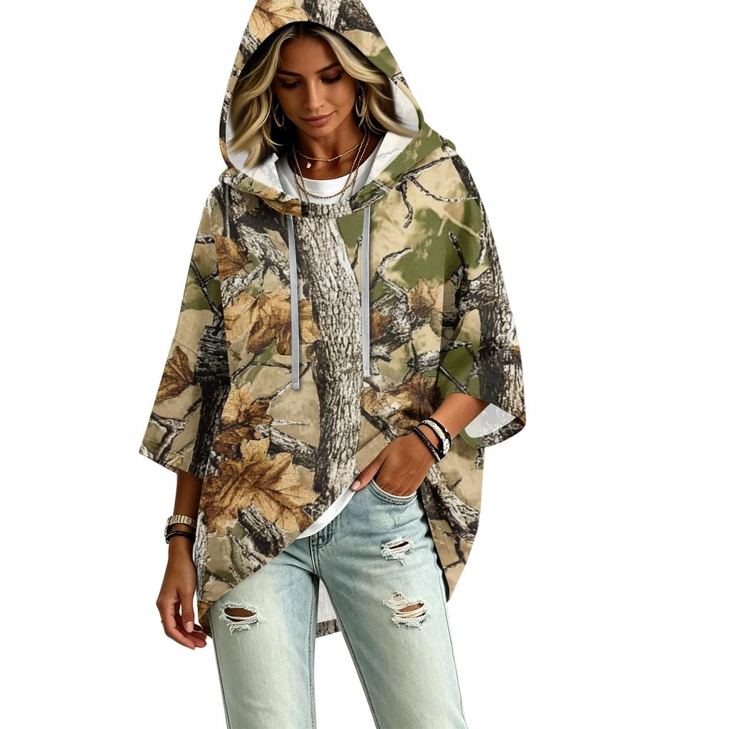 Women's Fashion Three-Quarter Sleeve Leaf Print Hooded Pullover Top