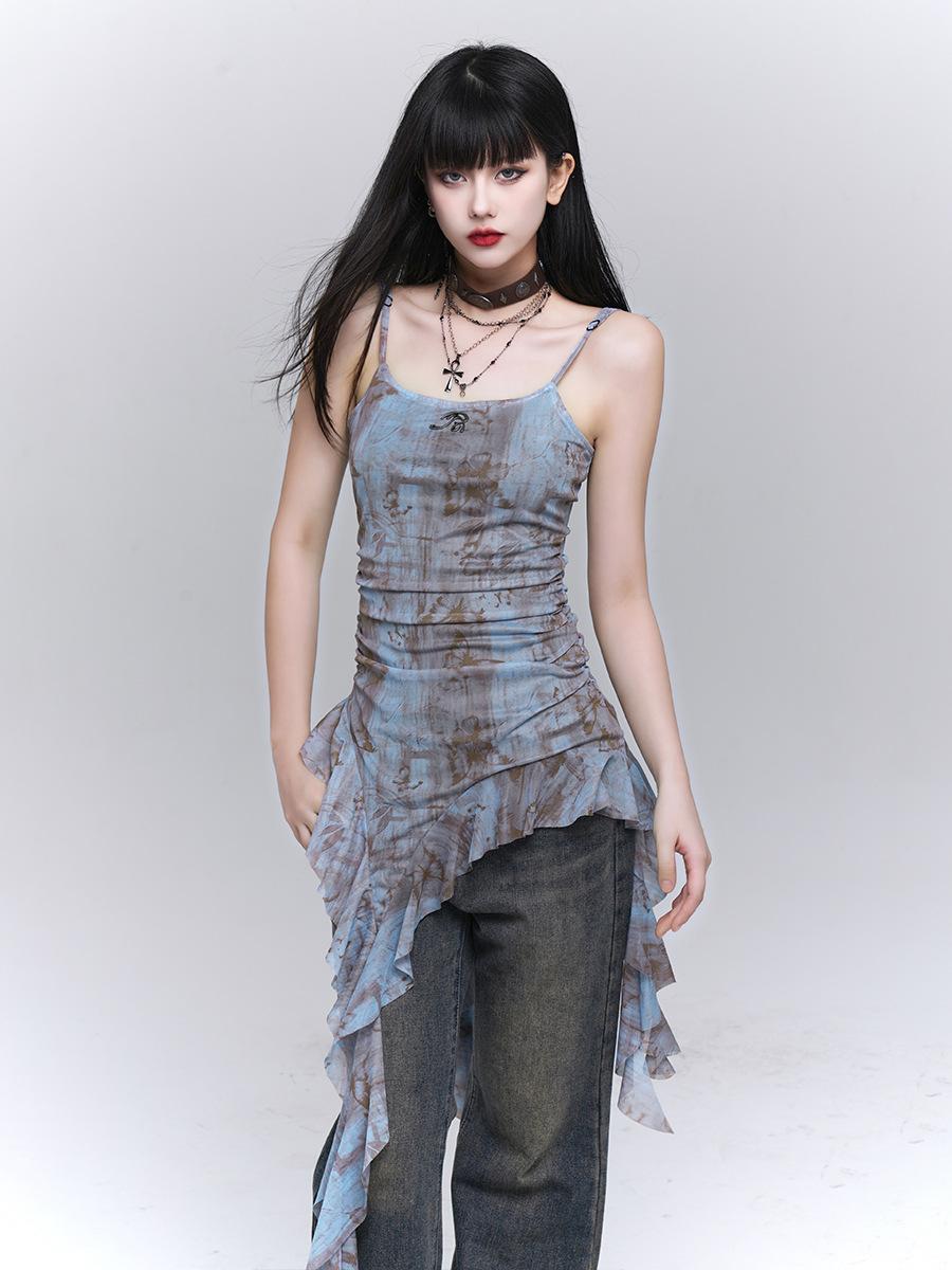 Ghost Girl Lotus Leaf Edge Hot Spicy American Suspender Top Women s Premium Sense Design Sense Cool Spicy Style Wear Suit S синий
