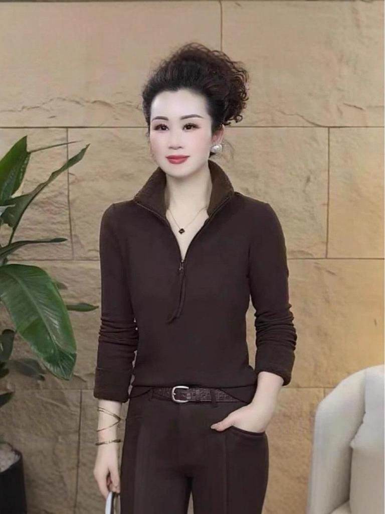 Autumn/Winter Stand Collar Half-Zip Double-Sided Fleece T-Shirt - Loose, Slimming, Versatile for Young Mothers
