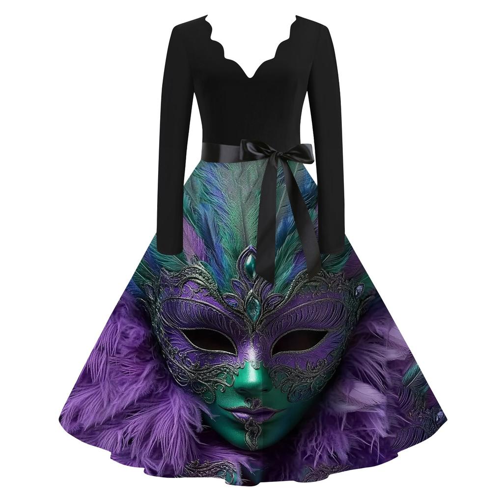 Women's Casual Fashion V-Neck Long Sleeve Carnival Print Vintage  Dress