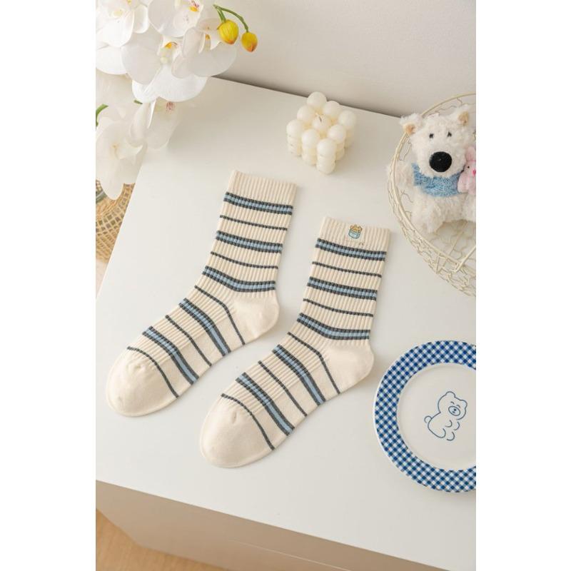 Grey Striped Socks, Women's Mid-calf Socks, Spring and Autumn Cotton Socks, Cute Cartoon Lace, Trendy Outerwear Long Socks