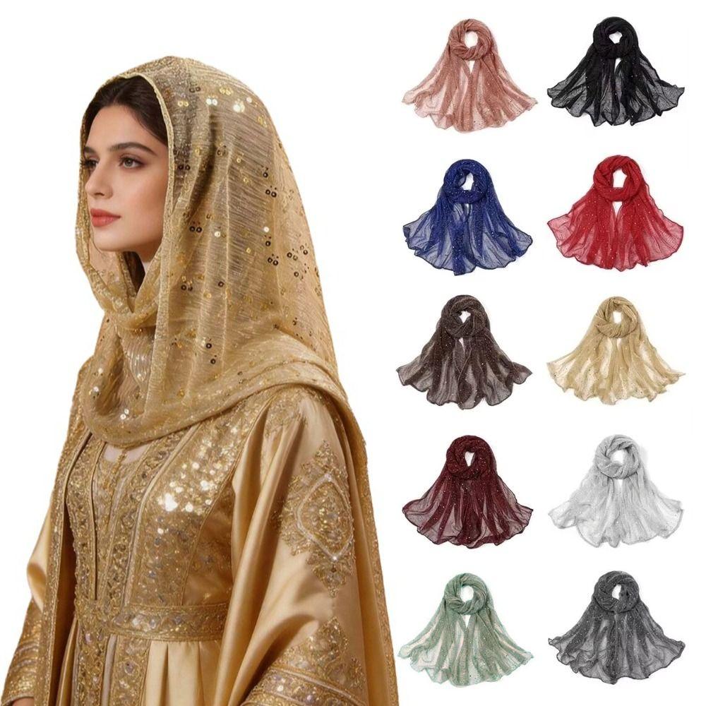 Luxury Shining Sequins Shawl Thin Transparent Breathable Silk Scarf Long Lightweight Head Wrap Party Occasion