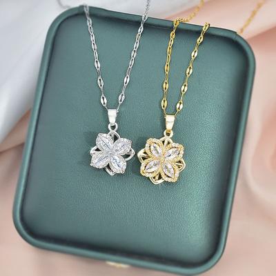 Rotatable Titanium Steel Four-Petaled Flower Necklace, Female Style Fresh And Simple Temperament Inlaid With Zircon Pendant Accessories