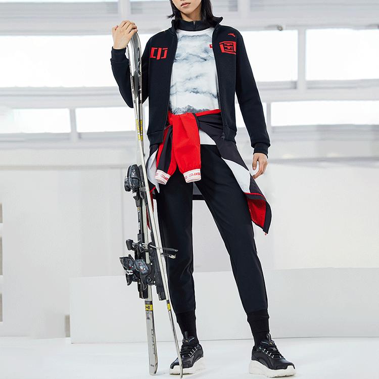 Anta Solid Color Stand Collar Sports Zip Jacket Women Outerwear Black 162217756-4