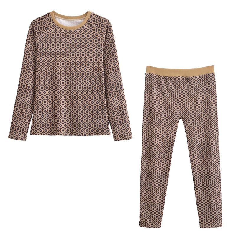 

Fashionable Favorite European and American Retro Gyaru Copper Coins Print Ski Series Comfortable Tight T-shirt Leggings Set Camel Tops + pants L