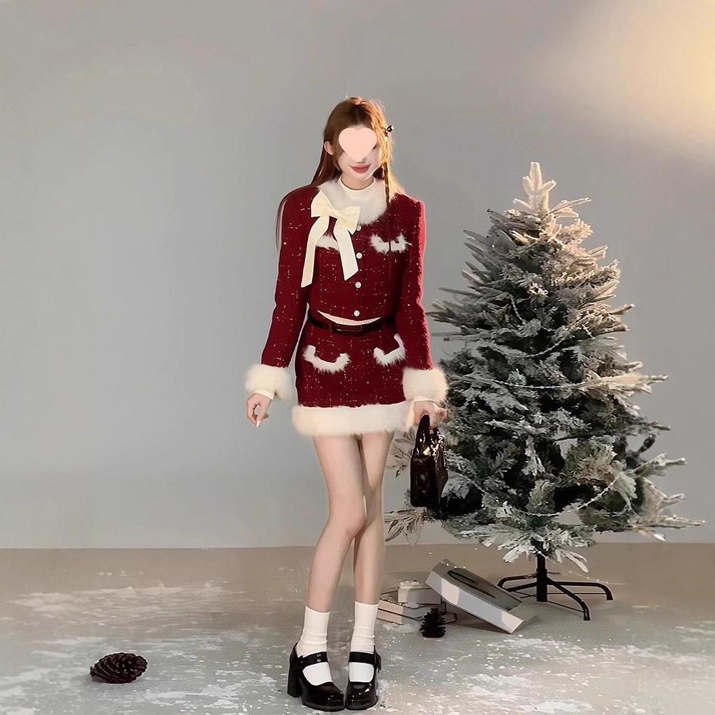 2025 Winter Women's Chic Red Christmas Set: New Year Patchwork Jacket & Skirt