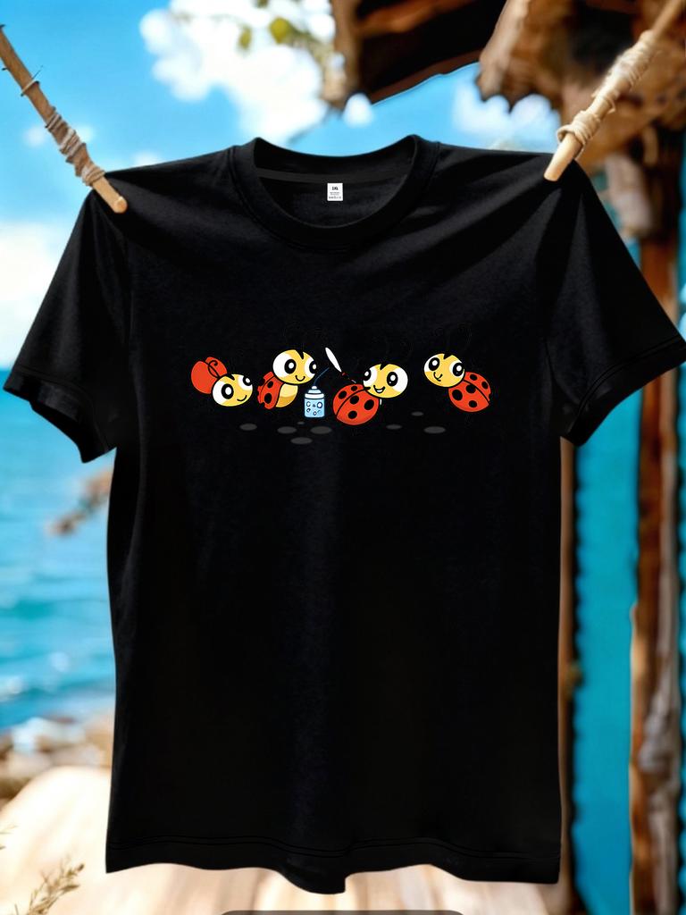 WZM10998Seven star ladybug print plus size Unisexs round neck summer casual short sleeved street fashion versatile Tshirt