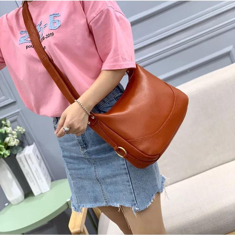 Genuine Leather Women's Handbag Versatile Top Layer Cowhide Large Capacity Shoulder Bag for Mothers' Simple Crossbody Tote Bag