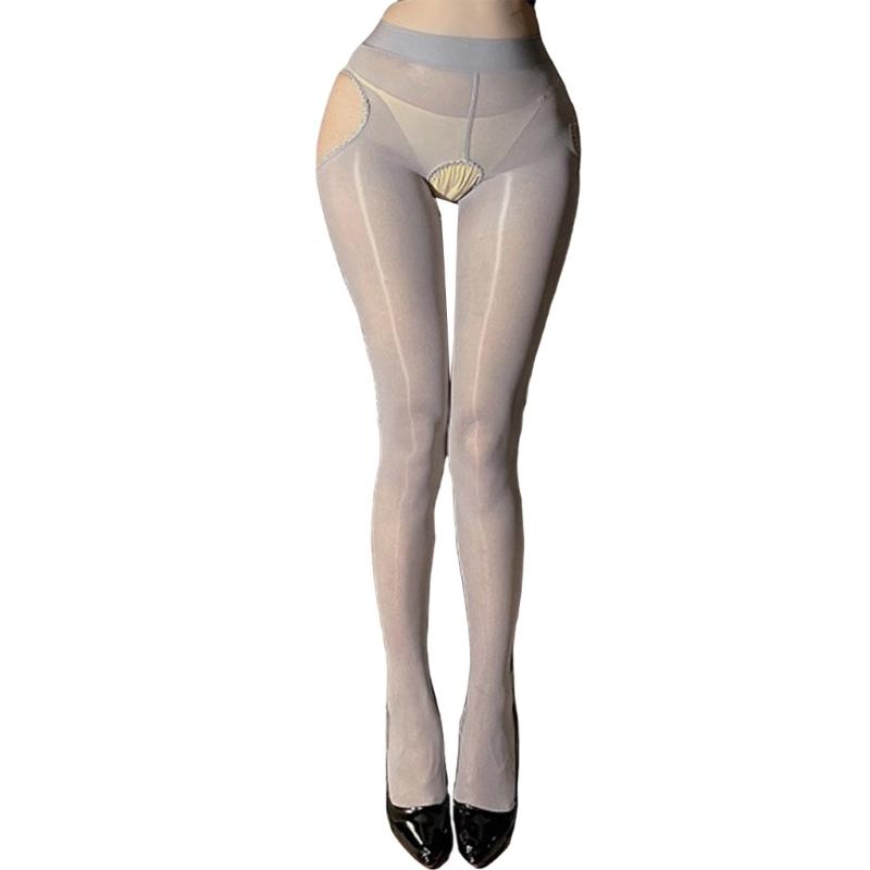 Sheer Silk Stockings Garter Belt Suspender Pantyhose for Women See Through Open Crotch Cutout Tights Leggings Lingerie