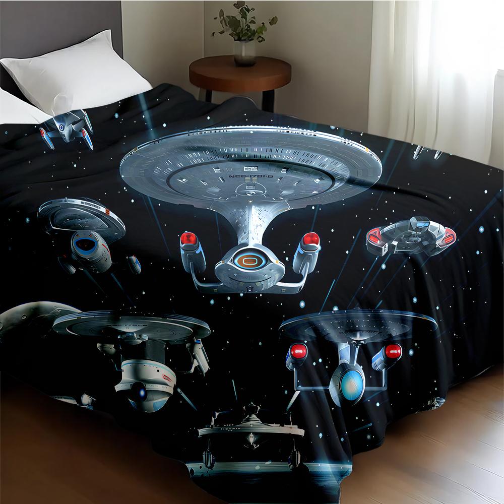 Starship Flannel Blanket, Multiple Iconic Vessels Pattern Super Soft for Home Camping Office, Sci-Fi Style Must-Have