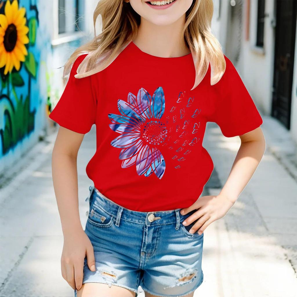 Kindermode Kurzarm Rundhals Floral Bedruckt Lässiges T-Shirt Top