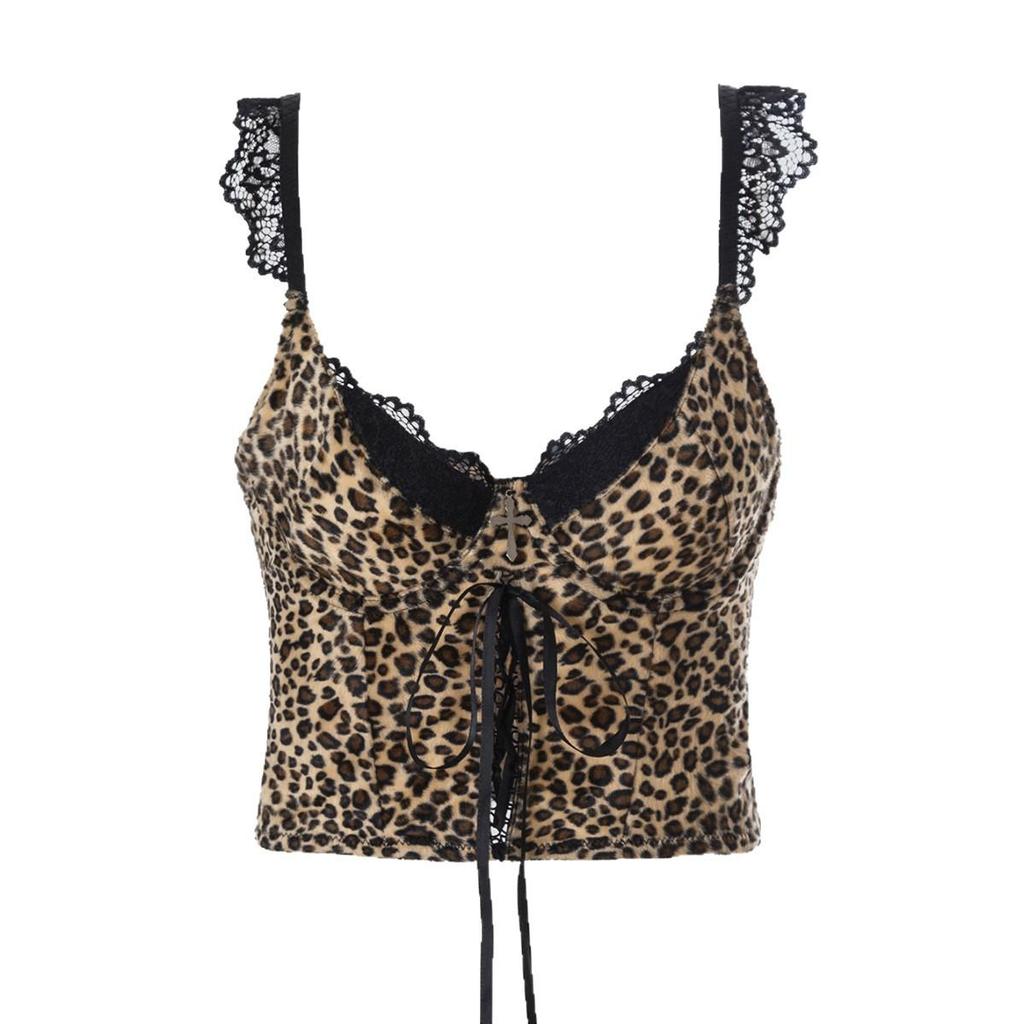 Y2K Velvet Lace Leopard Print Camisole: Sexy Tight-Fit Bandage Top
