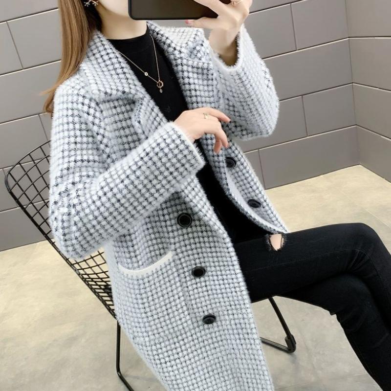 

Женский клетчатый длинный кардиган из мохера, осеннее пальто из норки, вязаная куртка M