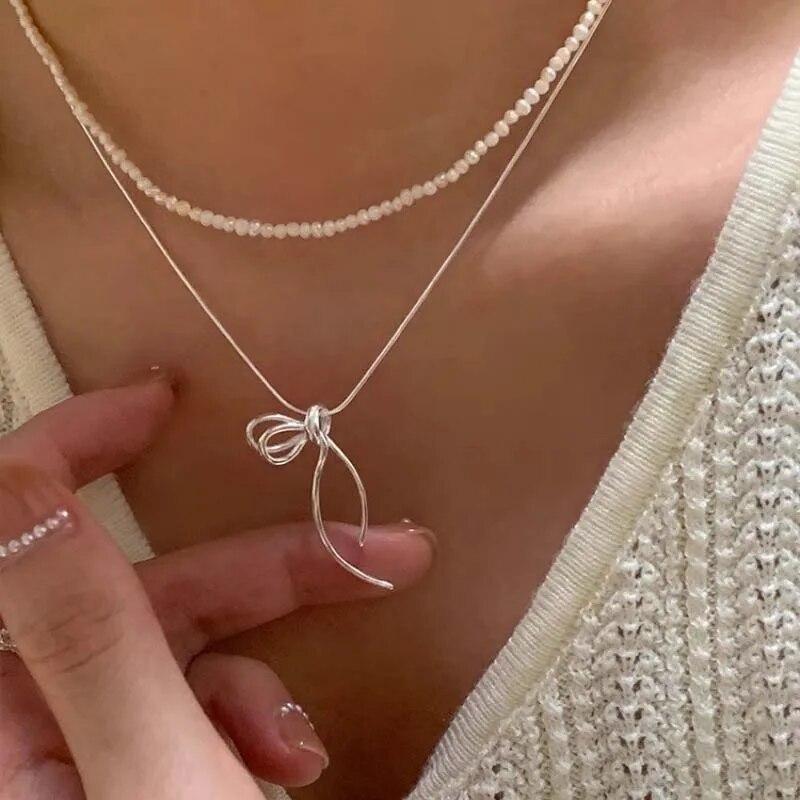 Fashion Silver Color Ribbon Bow Pendant Necklace for Women Girl 2024 New Simple Metal Snake Bone Chain Necklace Jewelry Gift