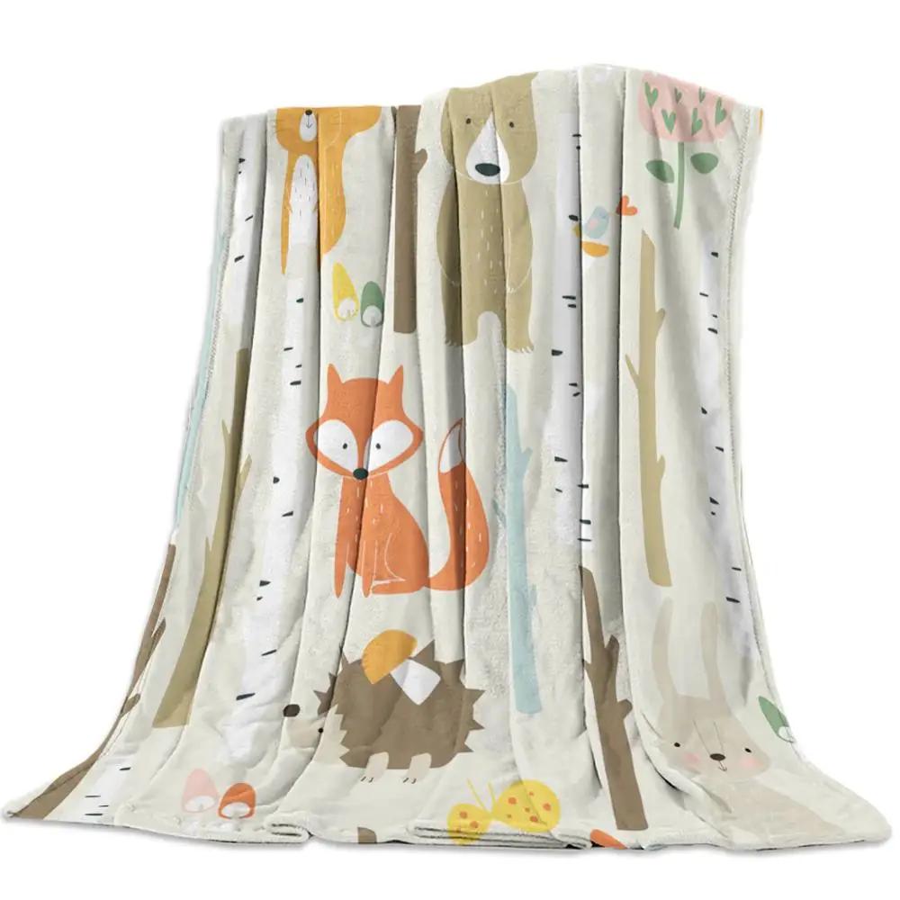 Flannel Blanket for Bed Cartoon Forest Animal Tree Fox Bear Rabbit Kids Throw Blanket Portable Super Soft Blanket Warm King Size