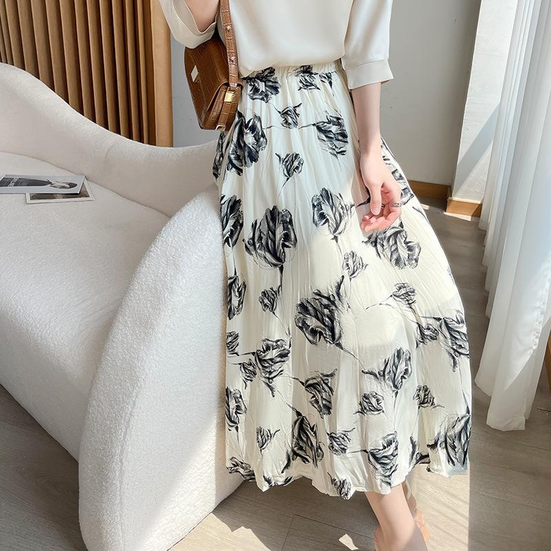 

Юбка Сатин Роза Летний Новый Стиль Свободная Скрывающая Бедра Большая Длинная Юбка Высокая Талия А-силуэт L бежевый