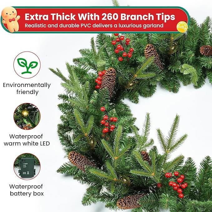 9-Foot Pre-Lit Christmas Garland with Battery Lights, Pine Cones, and Red Berries