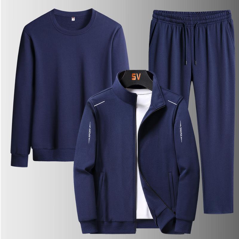 

Men 3 Pieces Sets Spring Autumn Men s Fashion Trend Cotton Casual Loose Solid Color Lapel Jackets+pants+sweatshirts Sets 8XL синій