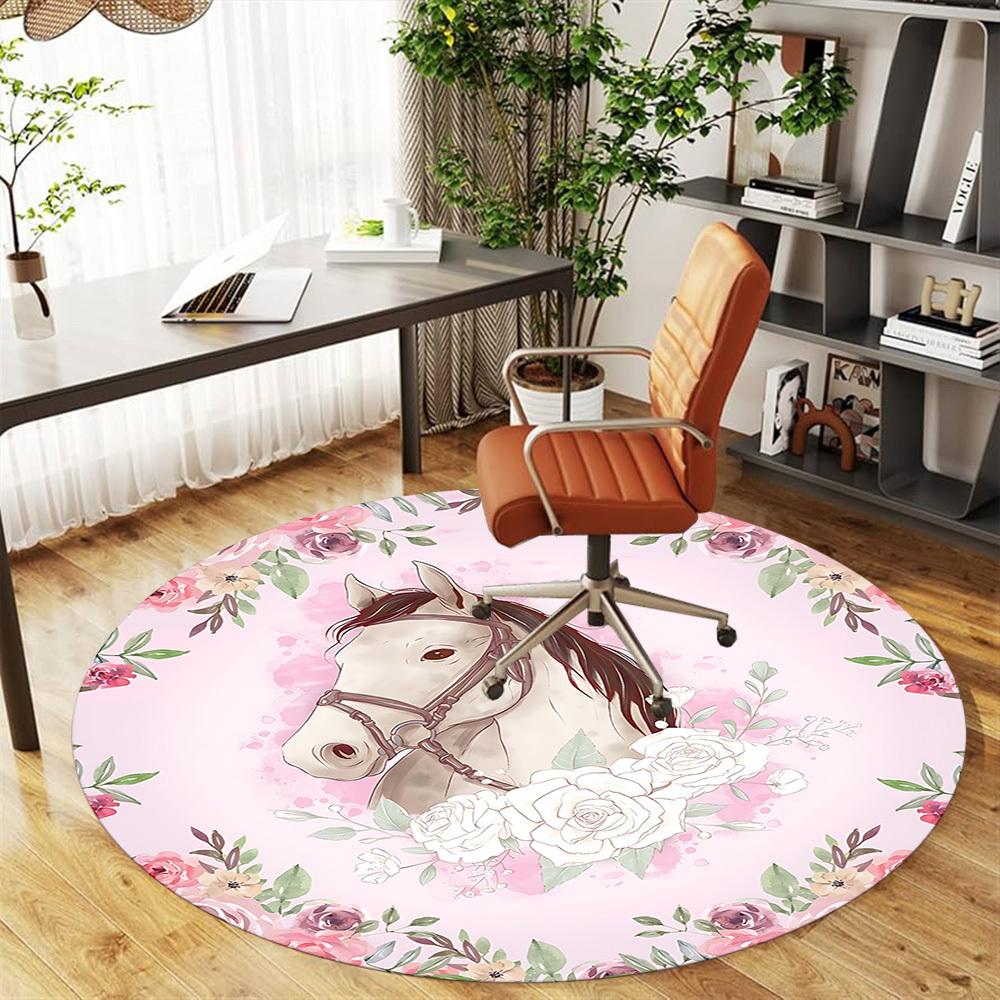 1pc Horse Floral Round Chair mat Area Rug - Non-Slip, Floor Mat for Office, Bedroom, and Indoor Decor c1125096