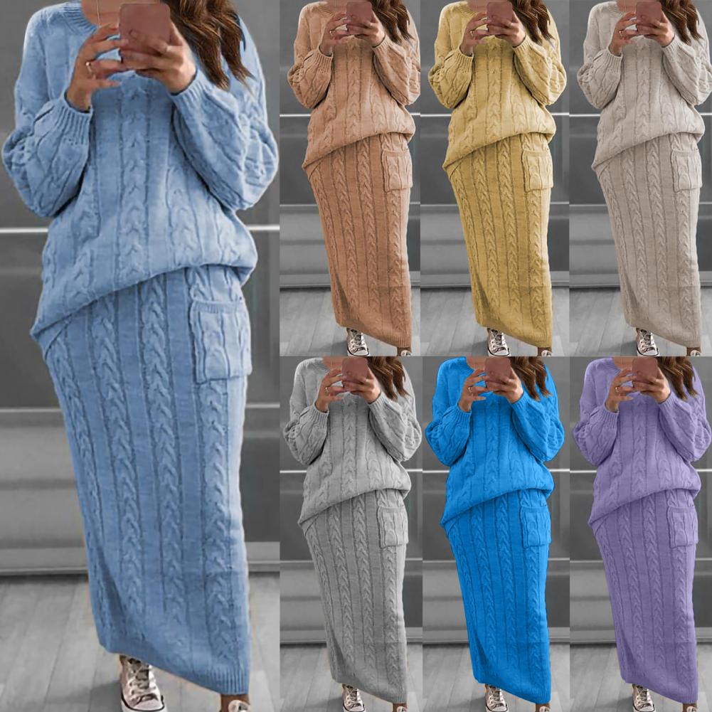 Winter Frauen Gestrickte 2 Stück Set Casual Einfarbig Langarm Pullover Pullover Top + Gestrickte Röcke 2PCS Anzüge frauen Warme Sets