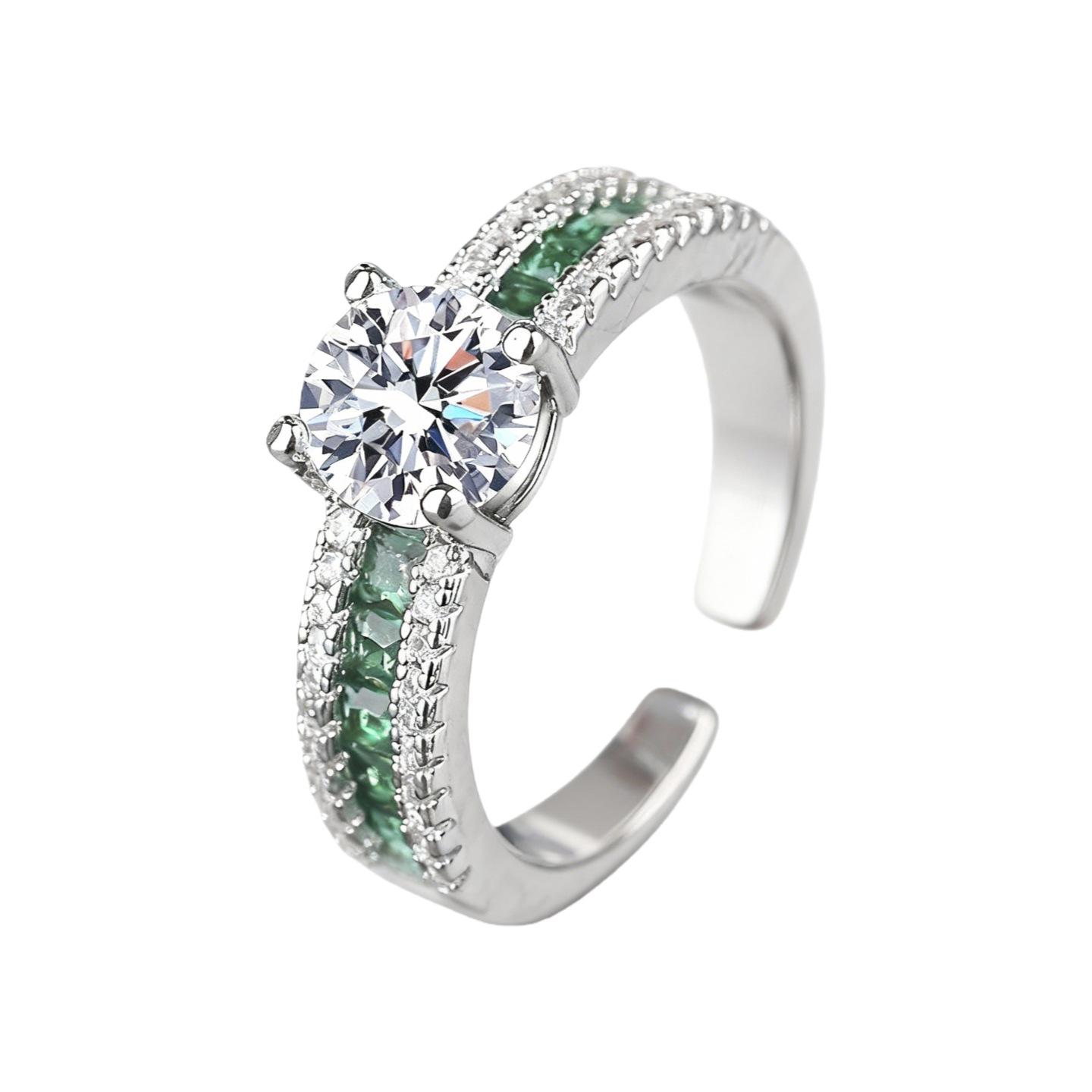 TK Live One Carat Emerald & Diamond Four-Prong Ring - European, American Starry Sky Design Adjustable Opening