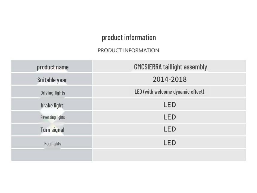 Compatible with GMC Sierra 2014-2018 Taillight Assembly: Turn Signal, Welcome Light, Brake Light.